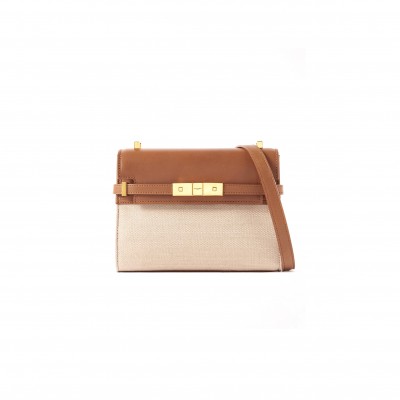 YSL MINI MANHATTAN IN LEATHER AND CANVAS SHOULDER BAG 72776616475973 (19*14*4cm)